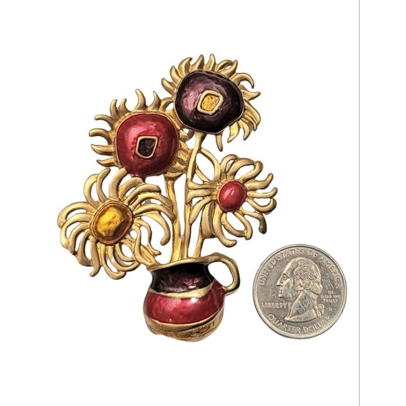 Yves Saint Laurent For AVON Van Gogh's Sunflower Painting Flower Pot Brooch - Picture 2 of 8